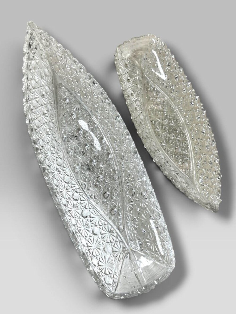 2 EAPG Glass 14" & 10" Canoe Boat Celery Relish Trays Geo. Duncan & Sons c.1880s